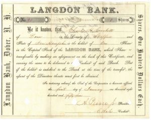 Langdon Bank - 1850's dated New Hampshire Banking Stock Certificate