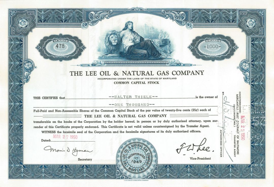 Lee Oil and Natural Gas Company - 1950's dated Stock Certificate