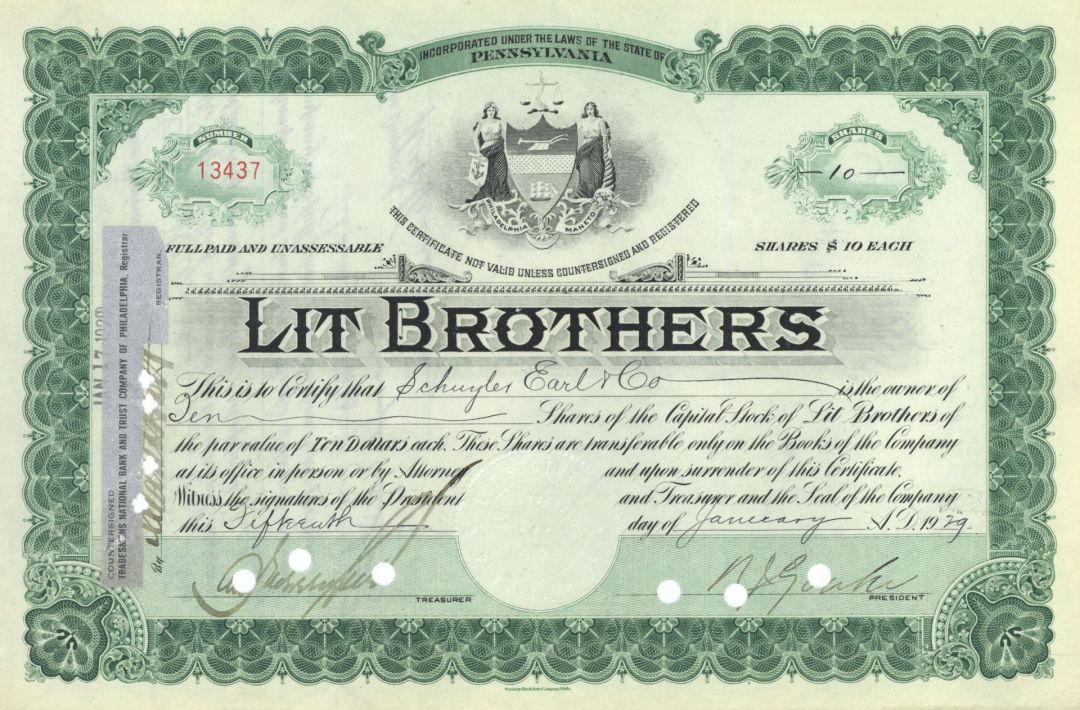 Lit Brothers - 1920's-30's dated Stock Certificate - Famous Department Store in Philadelphia, Pennsylvania