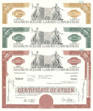 Set of 3 Madison Square Garden Corp. - 1970's dated Famous Arena Stock Certificates - Group of 3 Stocks