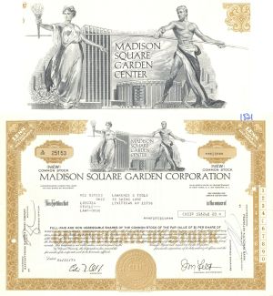 Madison Square Garden Corp. - 1970's dated Famous Arena Stock Certificate