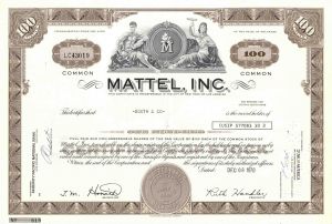 Mattel, Inc - Famous Toy Company - 1971 dated Brown Color Stock Certificate - Very Rare