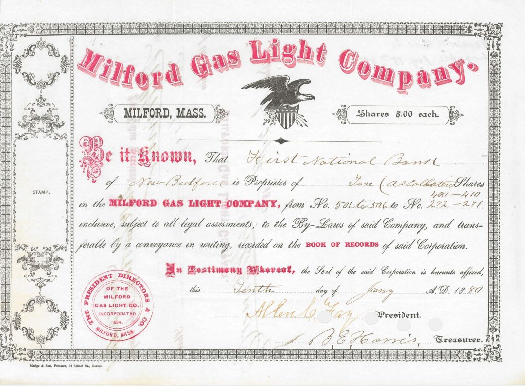 Milford Gas Light Co. - Stock Certificate