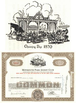 Monmouth Park Jockey Club - 1950's-70's dated Horse Racing Stock Certificate