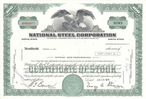 National Steel Corp. - 1970's dated Stock Certificate - Bought out by U.S. Steel