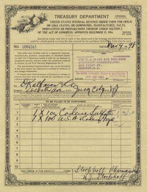 Opium-Coca Leaves - 1930's-1940's dated Drugs Order Form - U.S. Treasury Department Order