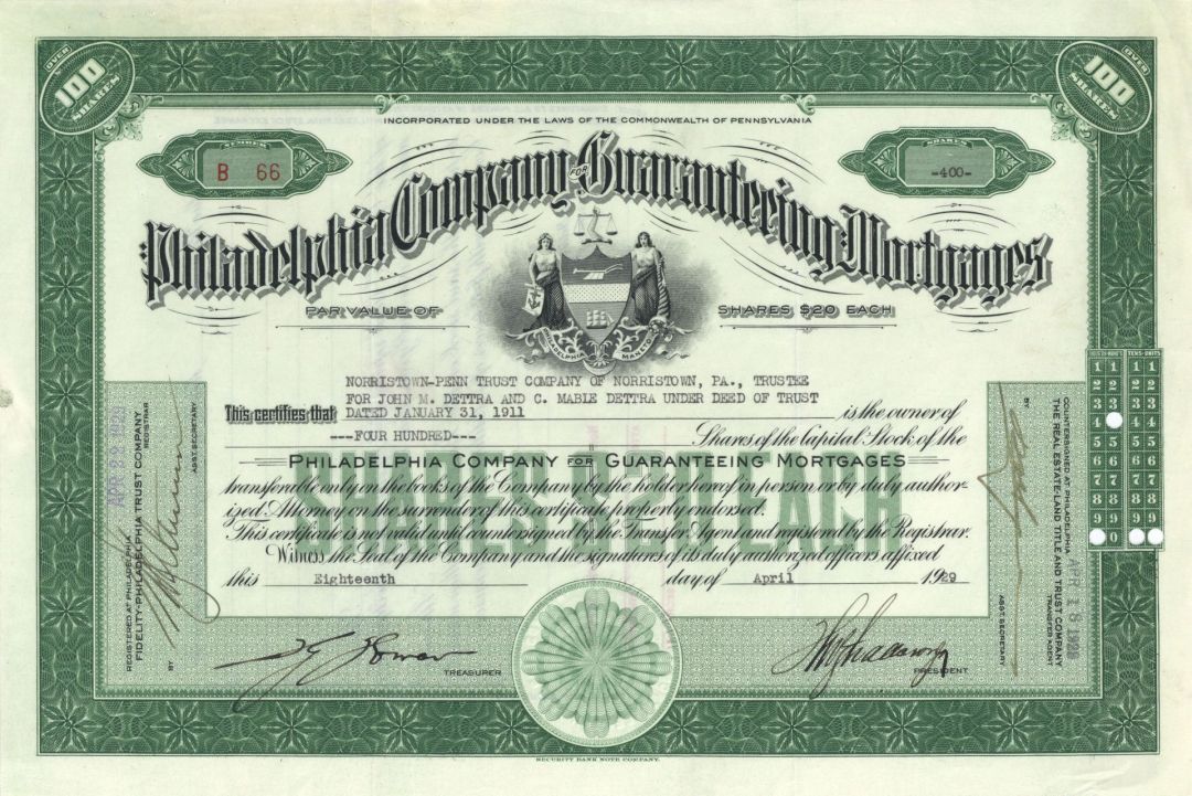 Philadelphia Co. For Guaranteeing Mortgages - 1930's dated Pennsylvania Banking Stock Certificate