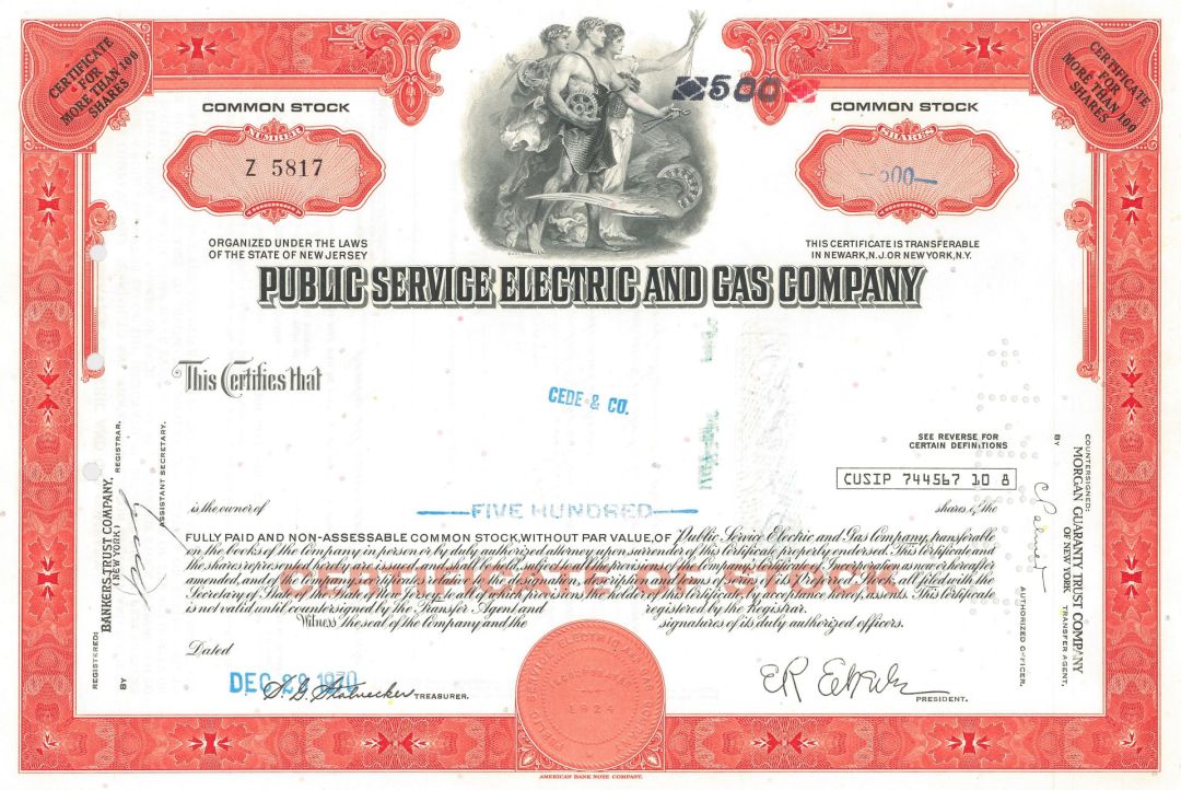 Public Service Electric and Gas Co. - 1970's dated Utility Stock Certificate