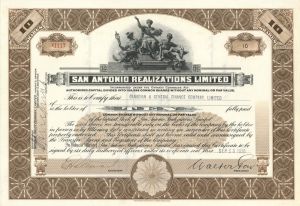 San Antonio Realizations Limited - 1920's dated Stock Certificate - Canada and Texas