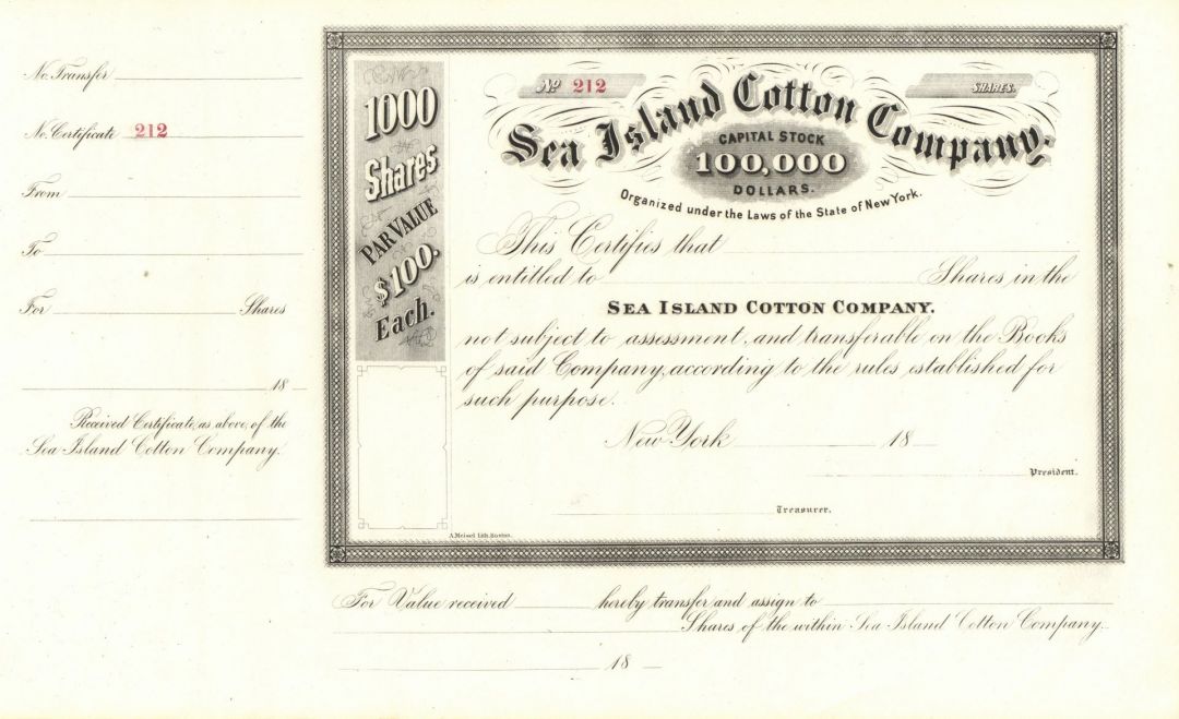 Sea Island Co. - Cotton - 1860's circa South Carolina, Georgia, & Florida Stock Certificate - Great History!