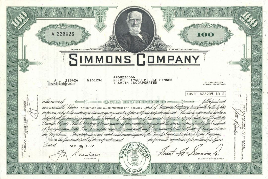 Simmons Co. - Bedding Manufacturer - Stock Certificate