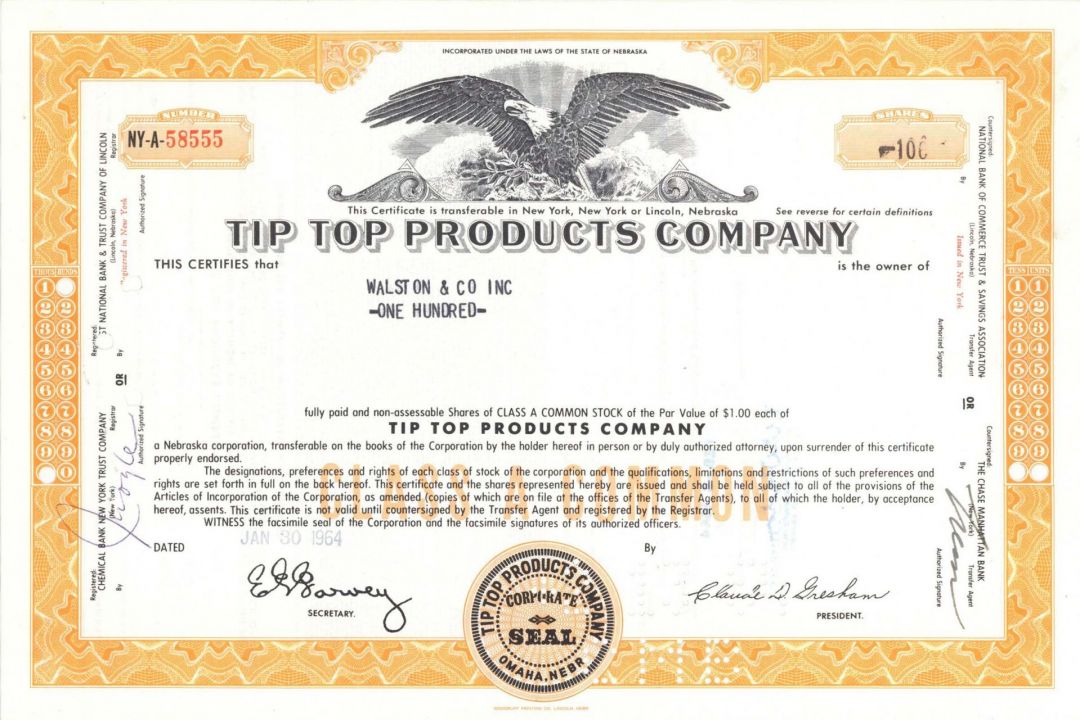 Tip Top Products Co. - 1960's dated Stock Certificate