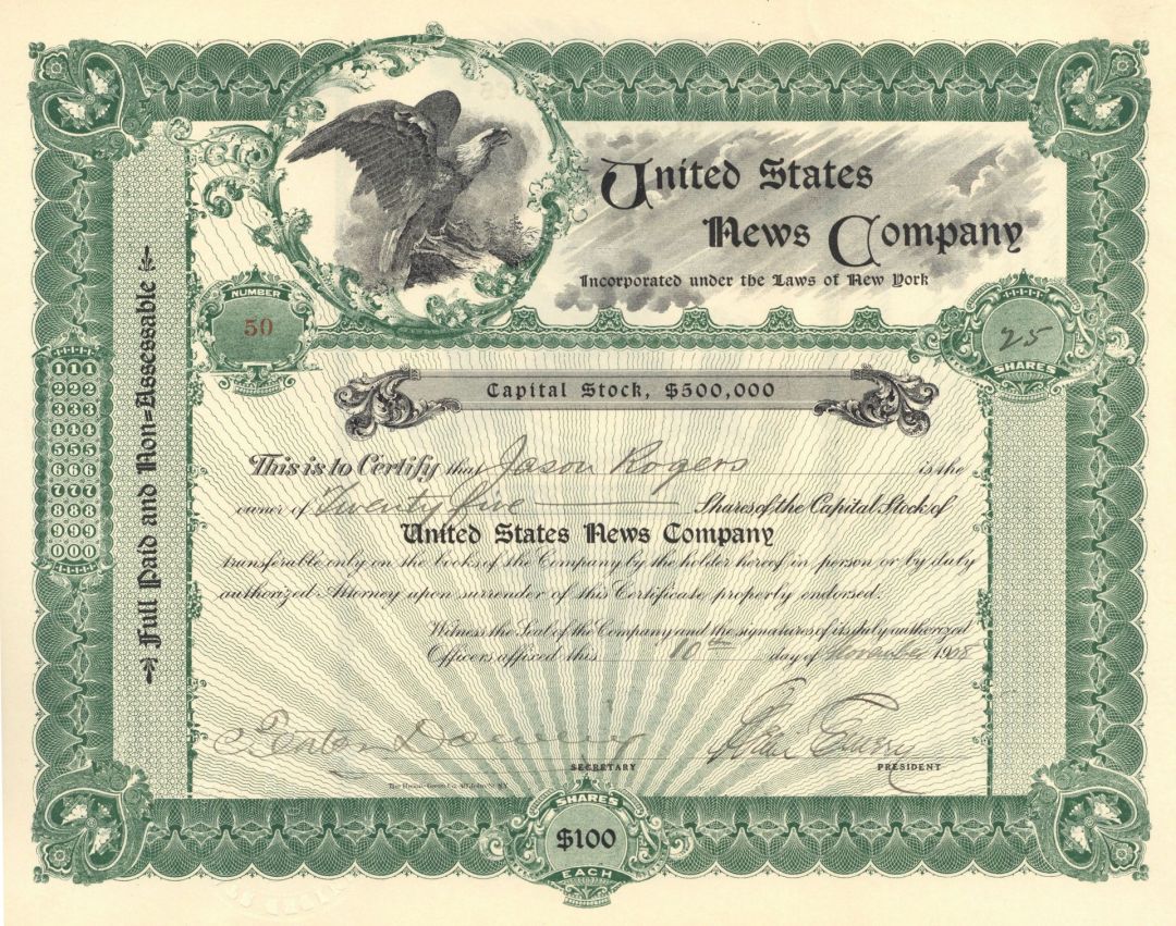 United States News Co - 1900-20's dated Stock Certificate - Worthy of Further Research