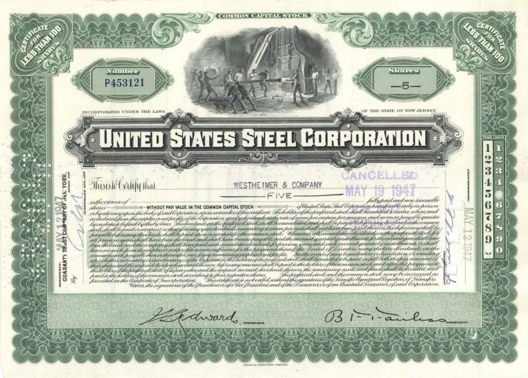United States Steel Corp. - dated 1920's-50's Steel Stock Certificate - Bought Carnegie Steel for $492 Million