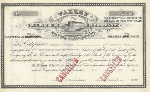 Valley Paper Co. of Holyoke, Massachusetts - 1914-70's dated Paper Supply Stock Certificate