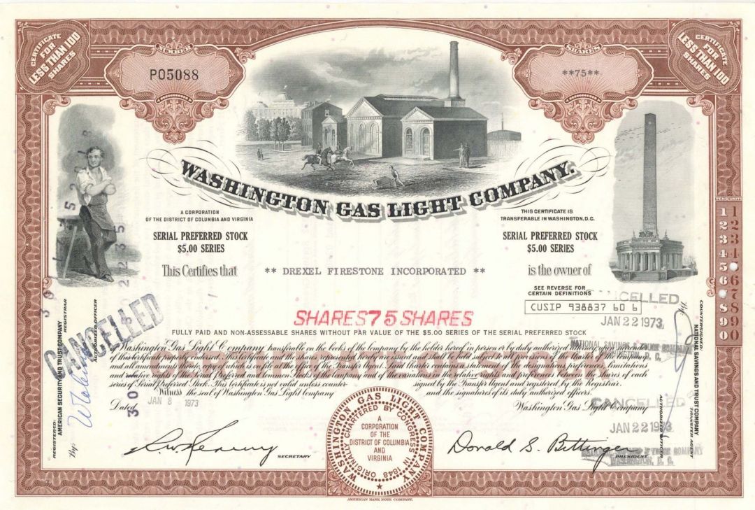 Washington Gas Light Co. - 1950's-70's dated Public Utility Stock Certificate