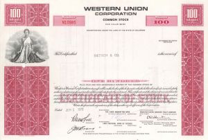 Western Union Corp. - WU - 1970's dated Stock Certificate