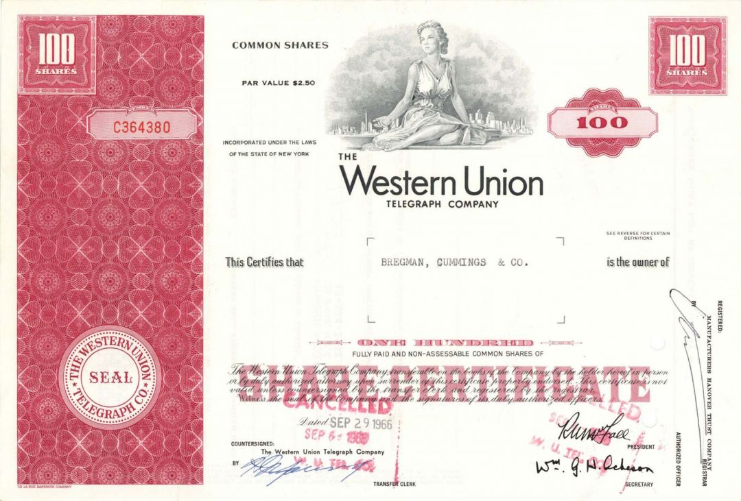 Western Union Telegraph Co. - 1960's-70's dated Stock Certificate - Available in Red, Blue, Brown, Orange or Green - Please Specify Color Desired