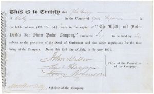 Whitby and Robin Hood's Bay Steam Packet Co - 1850's dated Stock Certificate