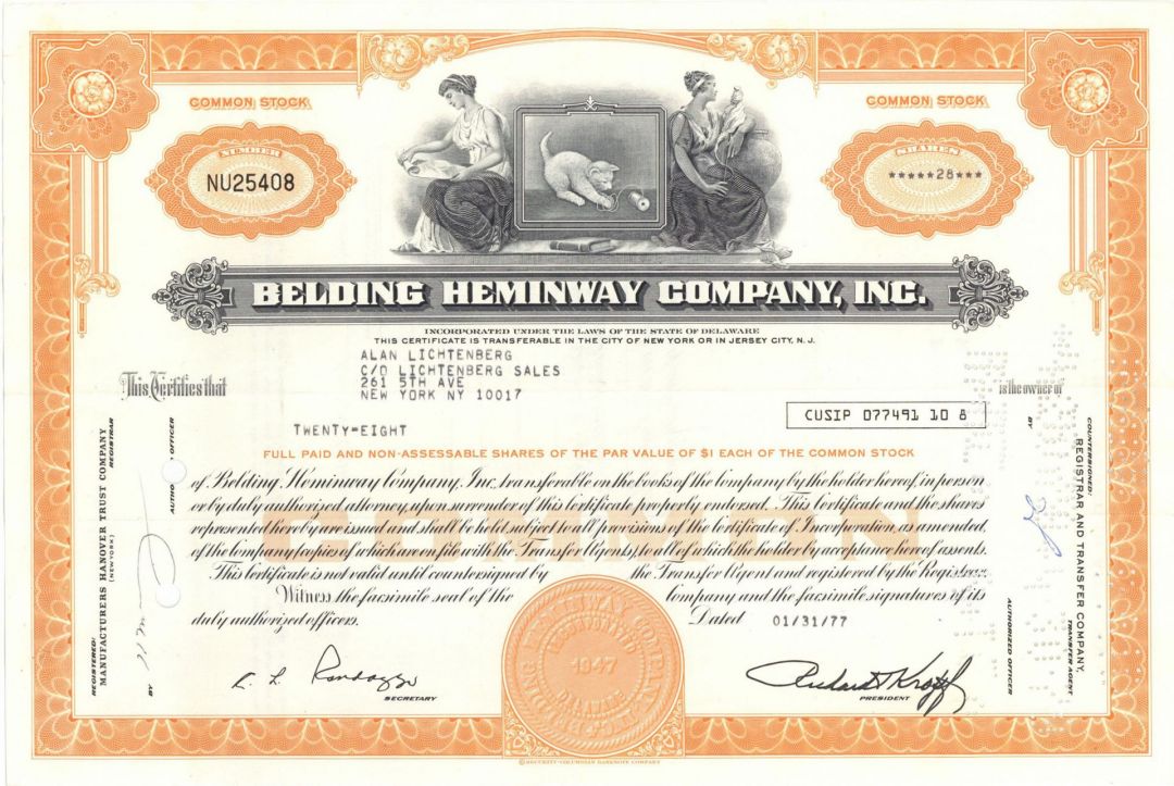 Belding Heminway Co., Inc. - 1970's dated Stock Certificate