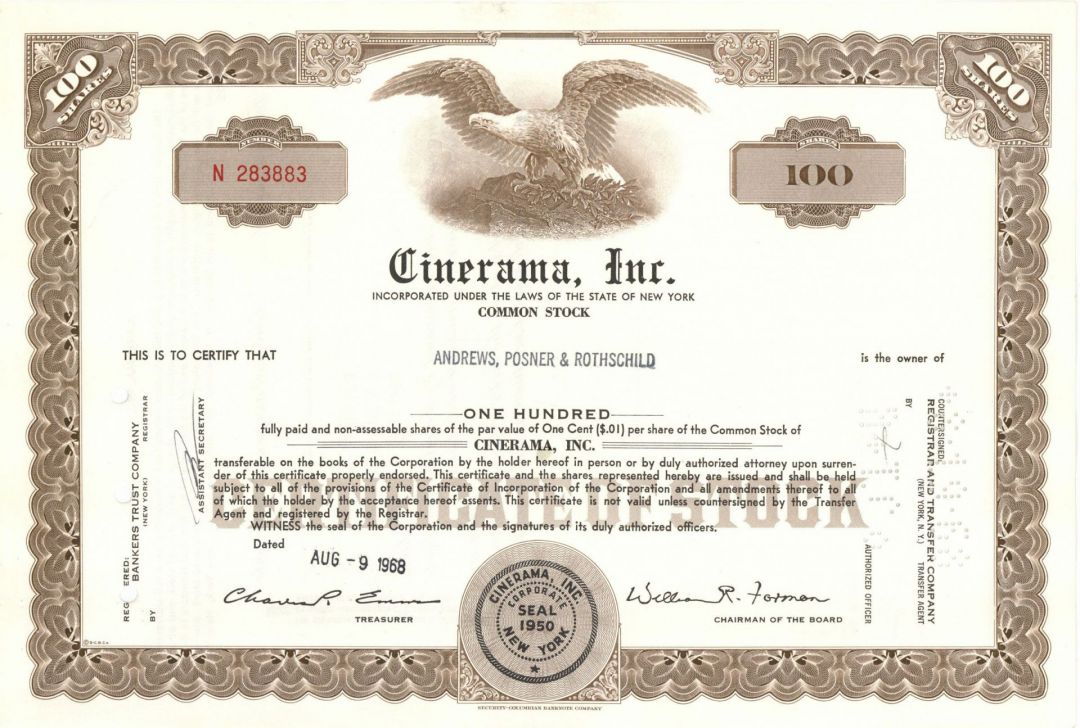 Cinerama, Inc. - 1960's-70's Film Company Stock Certificate