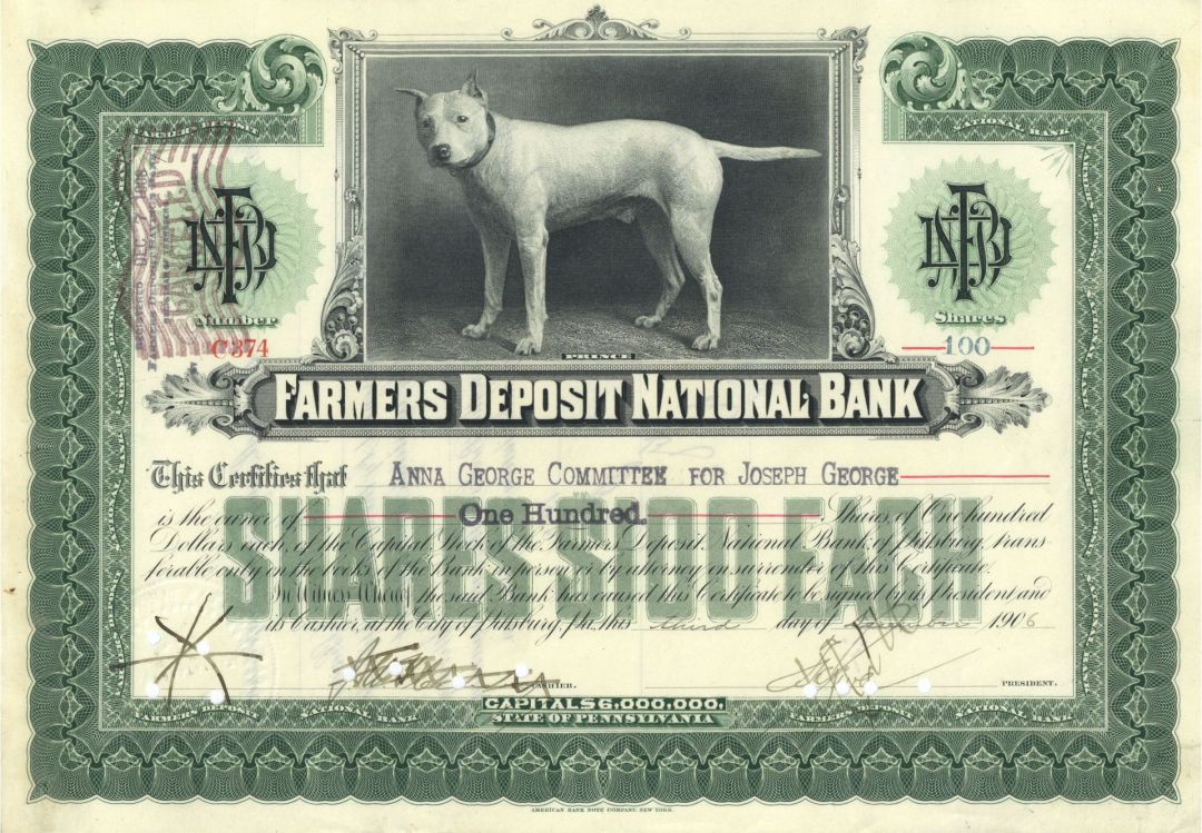 Farmers Deposit National Bank Stock dated 1910-30's - Beautiful Dog Named Prince Vignette - Pennsylvania Banking Stock Certificate