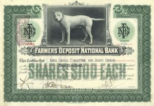 Farmers Deposit National Bank Stock dated 1910-30's - Beautiful Dog Named Prince Vignette - Pennsylvania Banking Stock Certificate