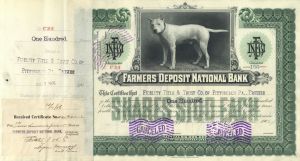 Farmers Deposit National Bank - Beautiful Dog Named PRINCE Vignette - 1910-30's dated Stock Certificate
