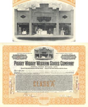 Piggly Wiggly Western States Co. - 1920's dated Supermarket Chain Stock Certificate