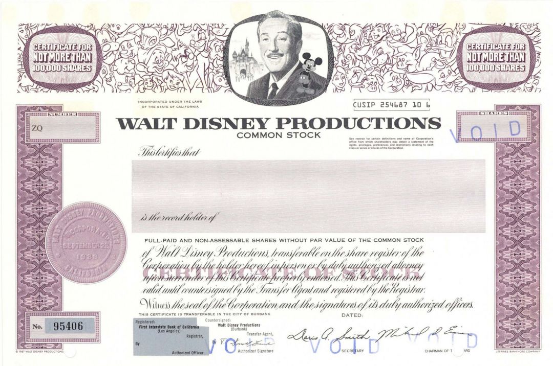 Walt Disney Productions - 1967 dated Entertainment Conglomerate Company Stock Certificate