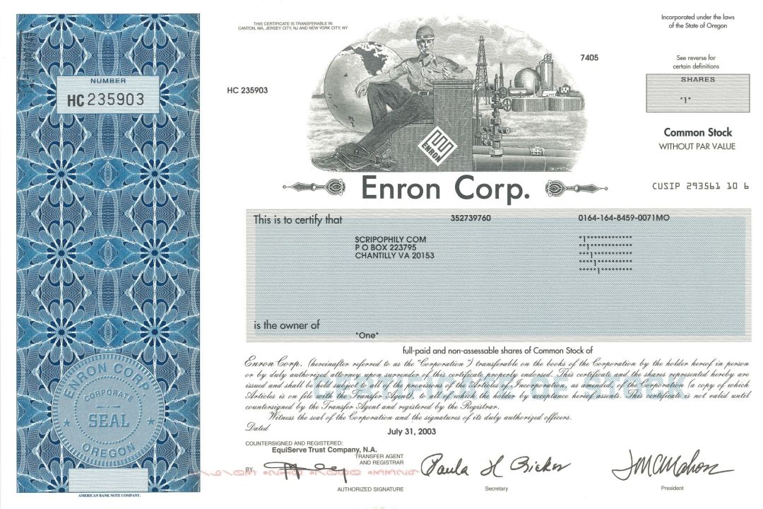 Enron Corporation - Crooked E Vignette - 2003 dated Stock Certificate - Famous Fraudulent Company