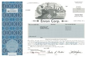 Enron Corporation - Crooked E Vignette - 2003 dated Stock Certificate - Famous Fraudulent Company