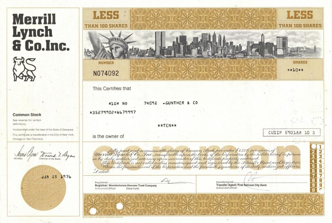 50th Anniversary of World Trade Center - Merrill Lynch and Co, Inc - "Twin Towers" or World Trade Center Buildings in the Vignette - 1970's dated Stock Certificate