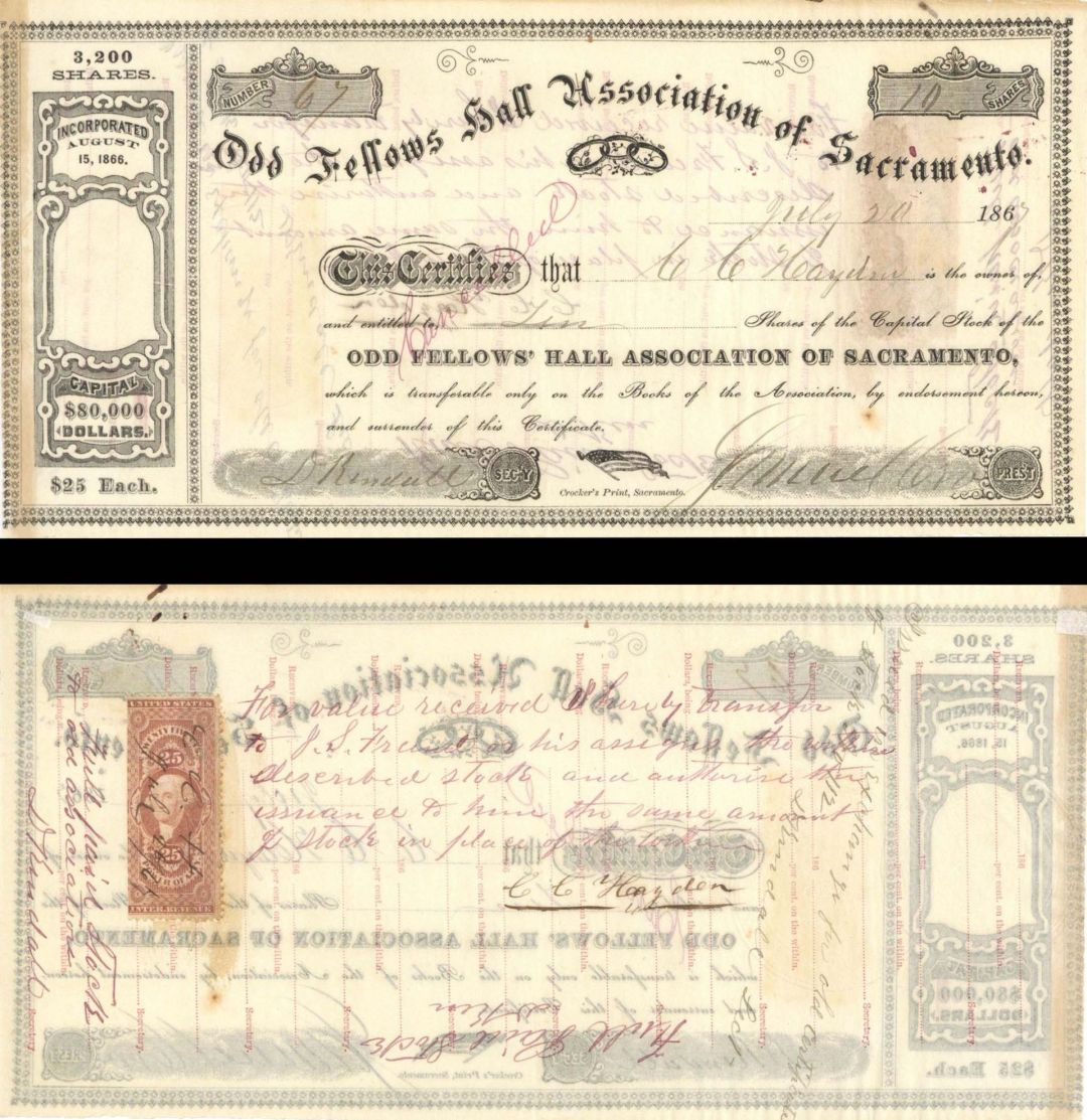 Odd Fellows Hall Association of Sacramento - 1867 dated Stock Certificate