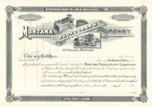 Montana Phonograph Co. of Helena, Montana - Unissued Stock Certificate