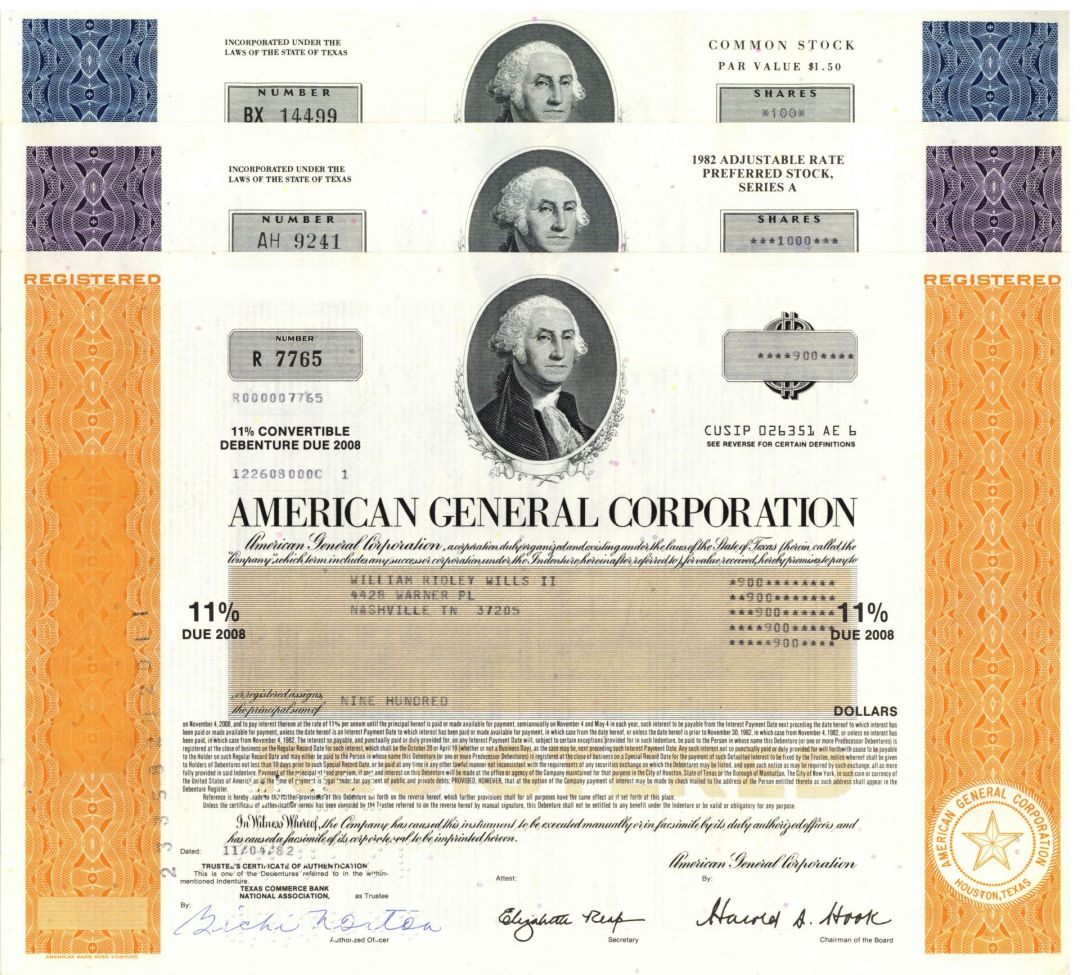 Set of 3 American General Corporation Stocks - Bought out by AIG in 2001 - 1980's dated Stock Certificates - Group of Three Stocks