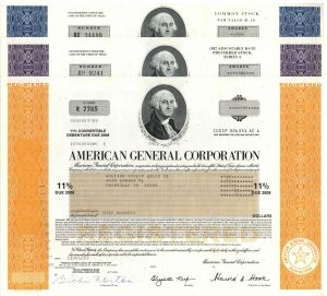 Set of 3 American General Corporation Stocks - Bought out by AIG in 2001 - 1980's dated Stock Certificates - Group of Three Stocks