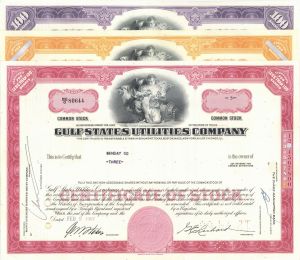 Gulf States Utilities Co. - Set of 3 Different Colors - 1940's-70's dated Three Stock Certificate Set