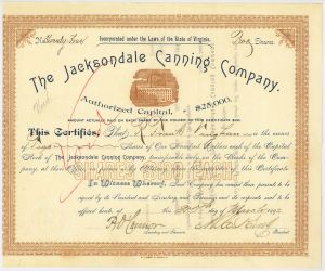 Jacksondale Canning Co. - 1892 dated Norfolk, Virginia Stock Certificate - Preserving Food