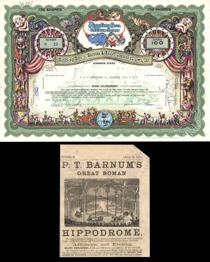 Ringling Bros. Barnum & Bailey Combined Shows, Inc. Stock and Newspaper Ad - 1969 Fully Issued Multicolored Circus Stock Certificate