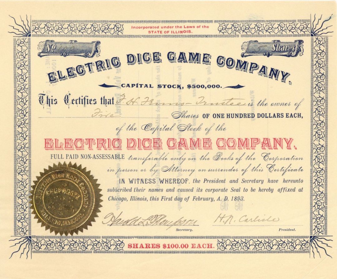 Electric Dice Game Co. - 1893 dated Stock Certificate