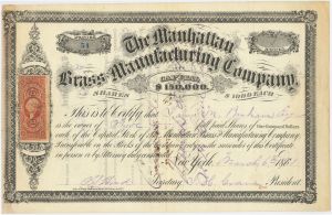 Manhattan Brass Manufacturing Company - 1871 dated Stock Certificate with Revenue