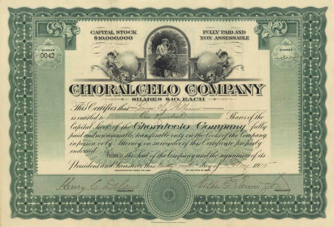 Choralcelo Co. - Stock Certificate - Musical Instrument Co.