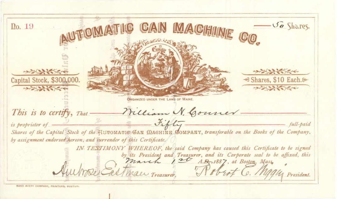 Automatic Can Machine Co. - 1887 dated Stock Certificate