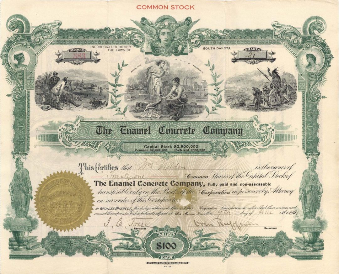 Enamel Concrete Co. - 1901 or 1912 dated Stock Certificate