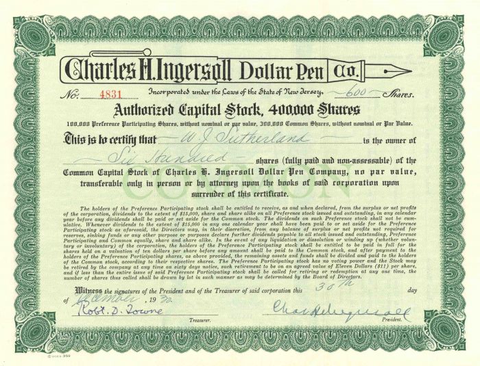 Charles H. Ingersoll Dollar Pen Co. - Stock Certificate