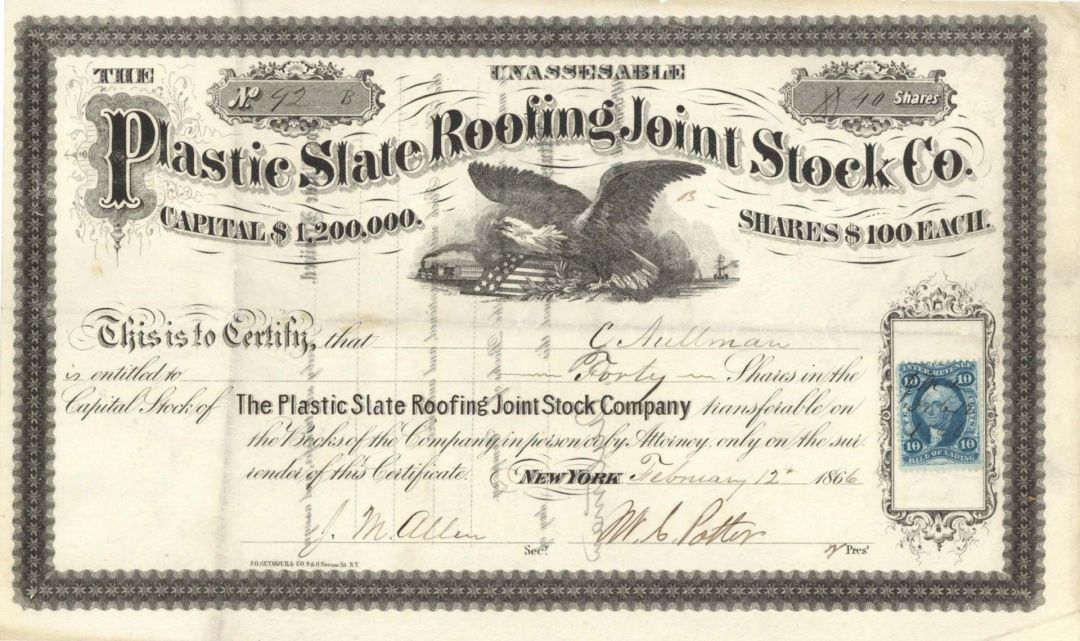 Plastic Slate Roofing Joint Stock Co. - 1866 dated Stock Certificate