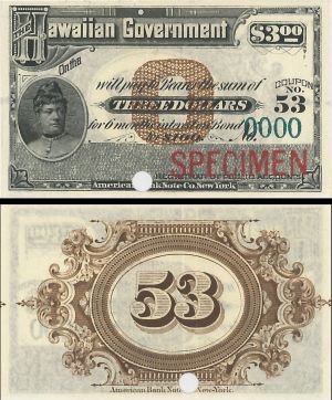 Hawaiian Government $3 Coupon - Queen Liliuokalani Vignette - From 1886 dated Hawaii Bond