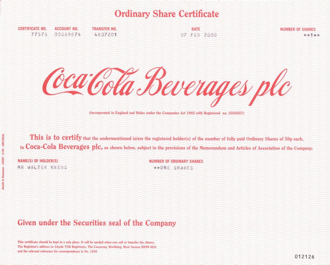Coca-Cola Beverages plc (Coke) - Great Britain Stock Certificate