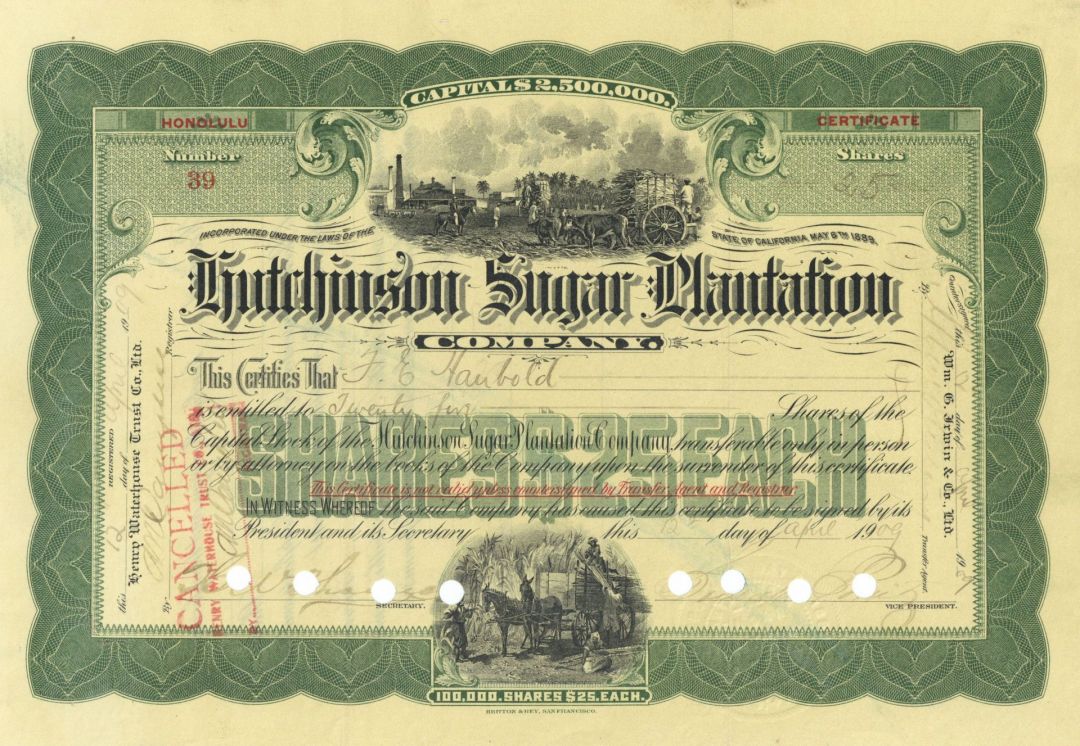 Hutchinson Sugar Plantation Co. - Hawaiian Stock Certificate